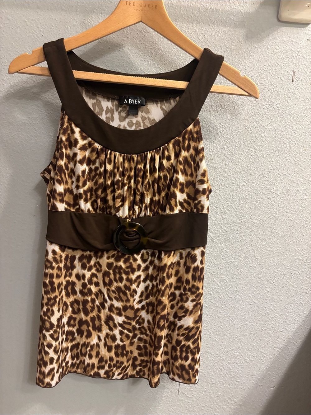 A. Byer Brown and Leopard Print Sleeveless Tank with Buckle Detail